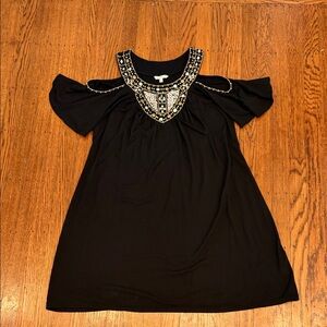 ✨ Boston Proper Black Swing Dress • Beaded Neckline • Cold Shoulder • Medium